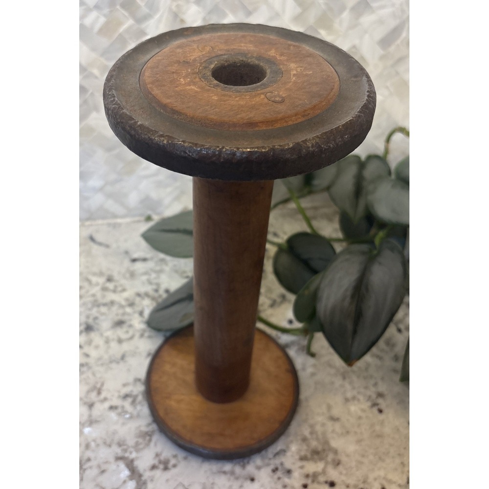Antique Industrial Textile Spool Spinning Bobbin Wood Metal 11" primitive Decor